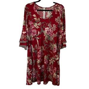 Dressing Gaudy Women’s Maroon Floral 3/4 Ruffle Sleeve V-Neck Dress Sz XL GUC